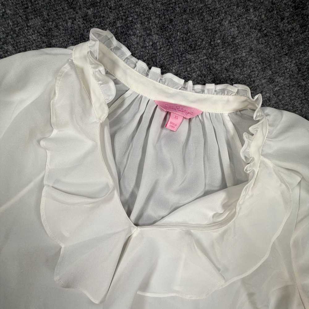 Lilly Pulitzer Womens XS White Ruffle V-Neck Long Sleeve Blouse Top 0622